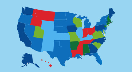 United States Political Landscape: A colorful map of the United States, delineating the various states by their distinct political affiliations with red, blue, and green color blocks.