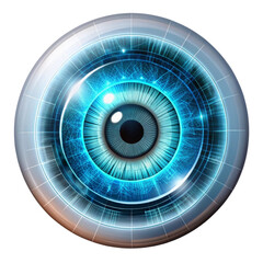 A futuristic blue eye with a glowing iris and cybernetic details