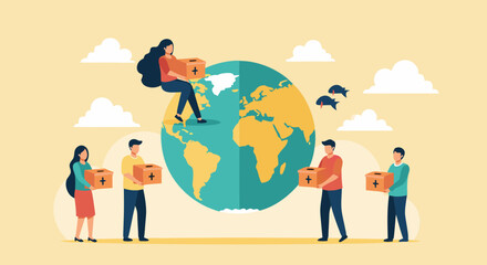 Global Outreach: An illustration depicts individuals around the world united in the act of giving, a powerful symbol of empathy, unity, and global humanitarianism.