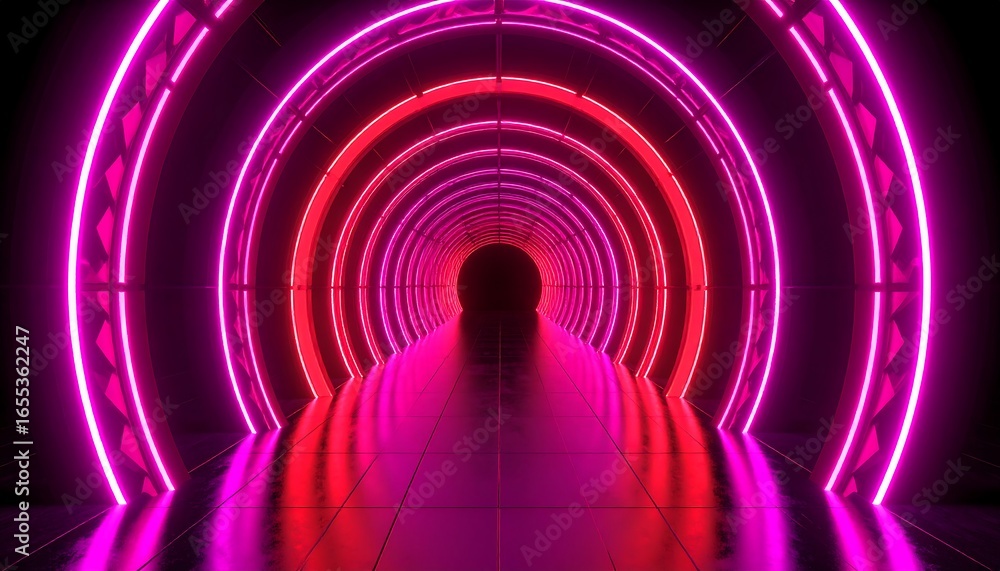 Poster a vibrant neon tunnel with concentric circles of pink and red lights, creating a futuristic and capt