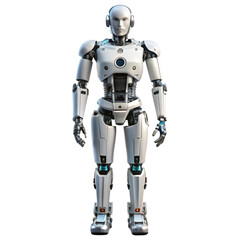 A silver robot standing on a black background with blue accents