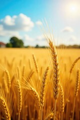 Naklejka premium A bountiful harvest of ripe, golden wheat swaying gently in the summer sun, ready for reaping The scene depicts a picturesque field of golden grain under a bright sky , food, stalks, harvest