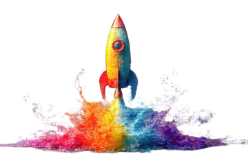 Colorful rocket launching amidst vibrant explosion