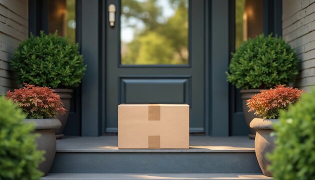 Cardboard parcel box sits on house porch doorstep. Delivery and order concept. Shipping package waiting for receiving. Customer buys online, gets goods delivered.