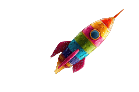 Colorful rocket ship in flight against a black background
