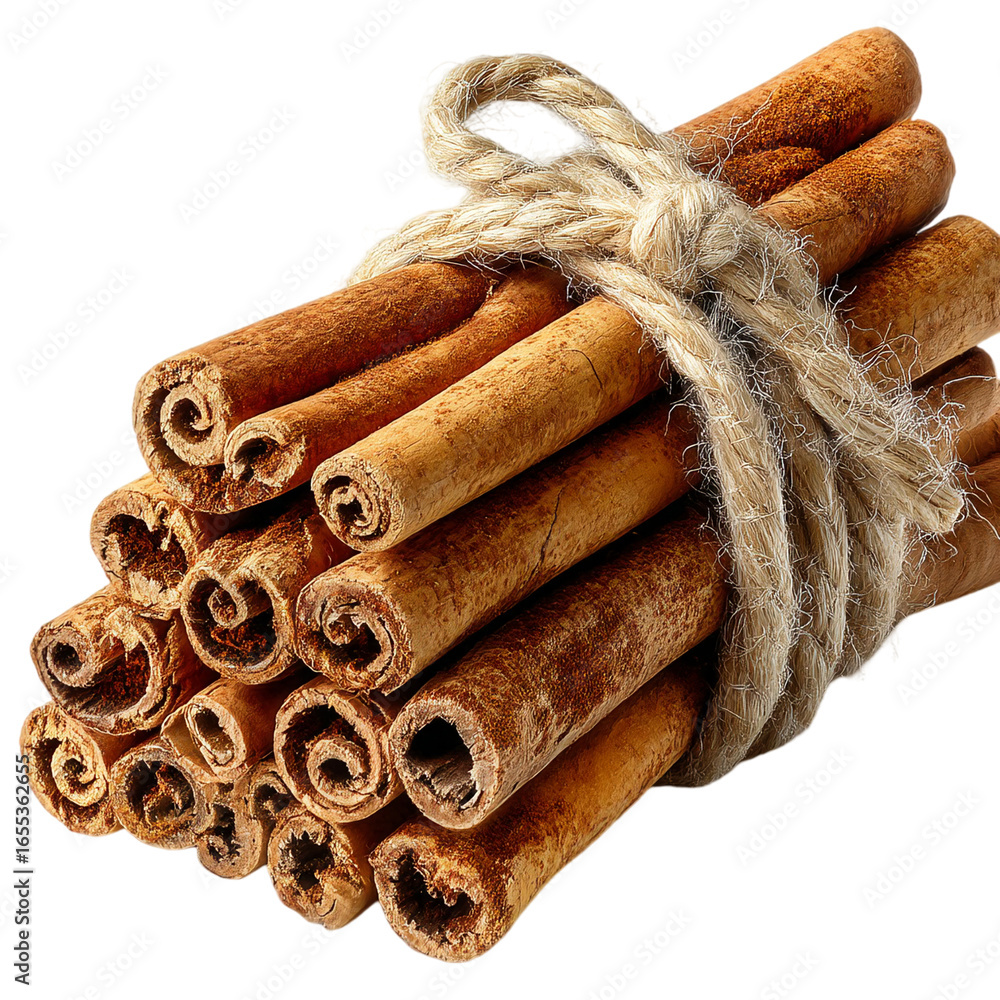 Poster a bundle of cinnamon sticks tied together with a rustic rope on black background isolated on transpa
