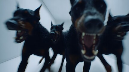 Menacing pack of black Dobermans running aggressively with bared teeth.