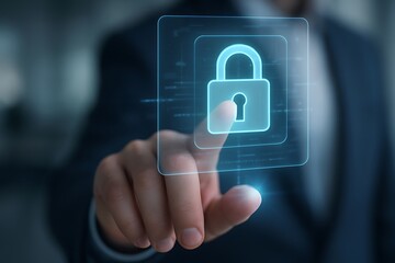 Hand touching a glowing digital padlock icon representing cybersecurity and data protection isolated on transparent background