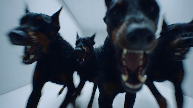 Menacing pack of black Dobermans running aggressively with bared teeth.