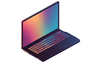 Isometric illustration of a laptop computer with a colorful screen and keyboard