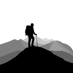 Silhouette of hiker on mountain peak with layered hills background