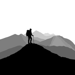 Silhouette of a hiker with dog in mountains vector illustration