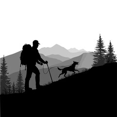 Silhouette of a hiker with dog in mountains vector illustration