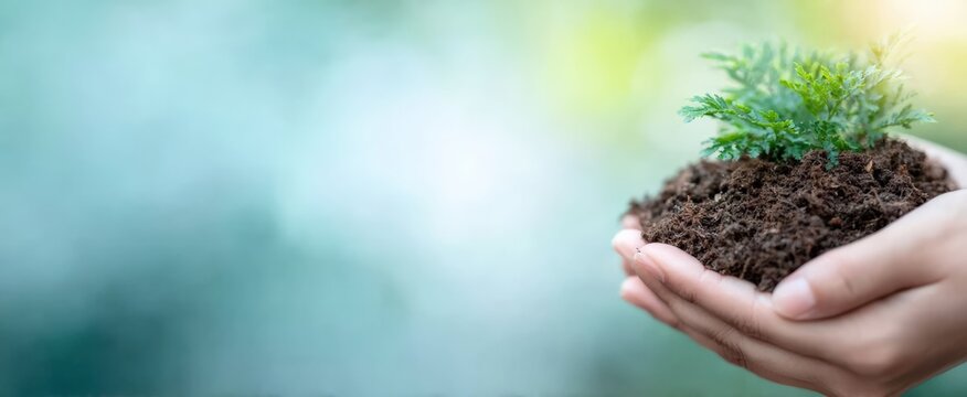 Hands holding fertile soil with a growing plant, symbolizing Earth Day and environmental conservation