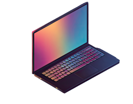 Isometric illustration of a laptop computer with a colorful screen and keyboard