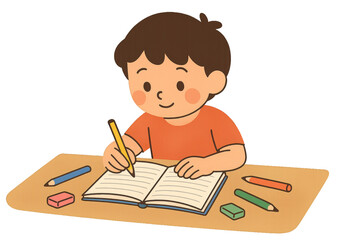 Flat 2D animated illustration of a child studying with open notebook and scattered school supplies on desk, creative design element for school concept