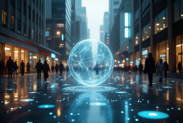 Futuristic city plaza featuring a glowing holographic orb and pedestrians