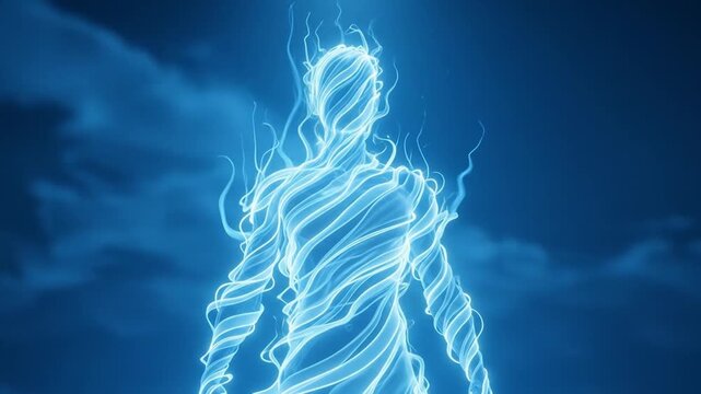 Ethereal Blue Energy Being Manifests in a Swirling Luminous Form Against a Dark Sky
