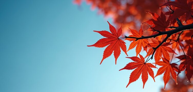 Bright red maple foliage against a clear blue sky in early morning light. Tree branches display vibrant autumn colors. Nature scene offers fresh look at seasonal change. Serene backdrop.