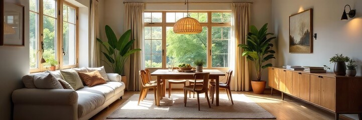 Obraz premium A cozy family room with a built-in eating area, featuring comfortable seating and natural light Perfect for casual family meals and gatherings , cozy, comfortable, modern