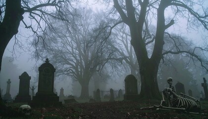 A somber graveyard scene shrouded in a misty atmosphere, featuring a skeleton resting amongst ancient headstones.