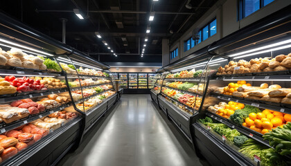 Modern grocery store interior featuring rows of refrigerated display cases stocked with fresh produce, fruits, vegetables, bakery items. Clean, well-lit aisles invite customers for shopping,