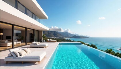 Fototapeta premium Oceanfront Modern Dream Home Infinity Pool, Expansive Views, Sleek Architecture