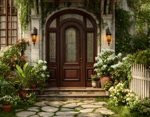 Large dark brown wooden door with stained glass and frosted glass panel. Flanked by potted plants, picket fence, and stone pathway. Lanterns hang above, serene green lawn backdrop.