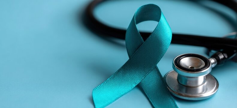 Teal awareness ribbon for cervical cancer and stethoscope lying on a blue background, representing medical care and support