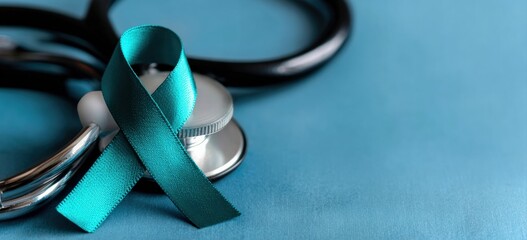 Teal awareness ribbon and stethoscope are laying on blue background, representing the fight against cervical cancer and promoting women's health