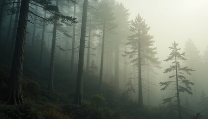 Obraz premium A misty forest scene showcases tall trees shrouded in a thick fog, creating a mysterious and serene ambiance.