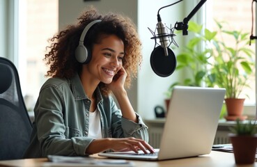 Woman with curly hair wears headphones, intently works on laptop at desk with microphone. Peaceful indoor home office setup, surrounded by green plants, for podcasting or audio production.