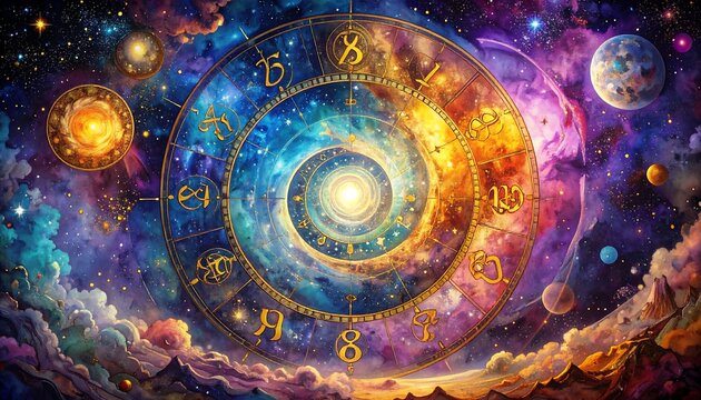 A vibrant, swirling cosmic clock face, intricately detailed with celestial bodies and nebulae, showcases a mesmerizing blend of space and time. - Powered by Adobe