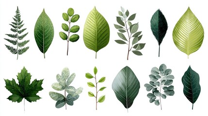 Fototapeta premium Diverse botanical illustration showing an arrangement of digitally painted leafy green plant specimens in a row.