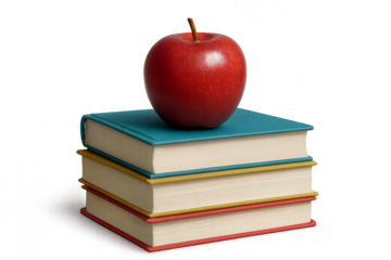 Realistic pile of school books topped with shiny apple, isolated on transparent background for learning, study, and classroom design school concept