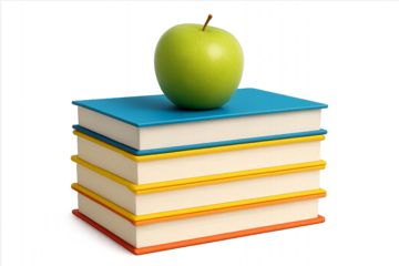 Realistic pile of school books topped with shiny apple, isolated on transparent background for learning, study, and classroom design school concept