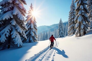 Serene Winter Wonderland Lone Skiers Graceful Glide Through Sun-Dappled Forest