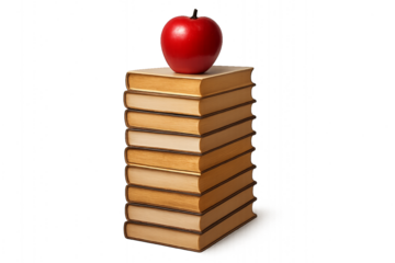 Realistic pile of school books topped with shiny apple, isolated on transparent background for learning, study, and classroom design school concept