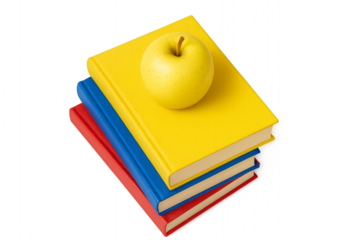 Realistic pile of school books topped with shiny apple, isolated on transparent background for learning, study, and classroom design school concept