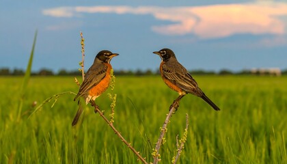Two American robins perch on a branch amidst a vibrant green field, their plumage a striking contrast against the soft hues of the late afternoon sky.