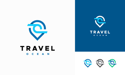 Travel Point Logo with Ocean Wave symbol, Ocean logo designs concept vector