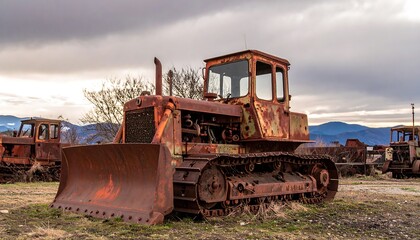 Rusty, weathered farm tractors stand in a rural field, their metal bodies displaying the effects of time and weather.