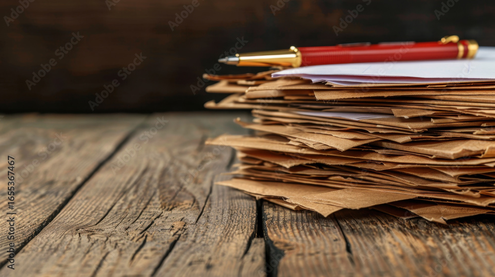 Poster stacked papers on wooden table with red pen resting on top, creating sense of organization and produ