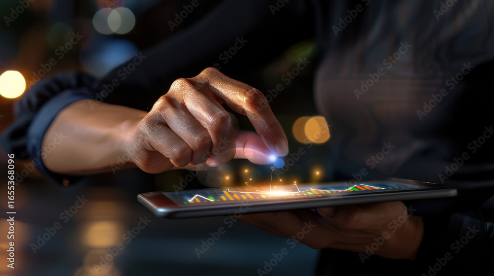 Poster hand interacting with tablet displaying colorful data visualizations, representing technology, analy