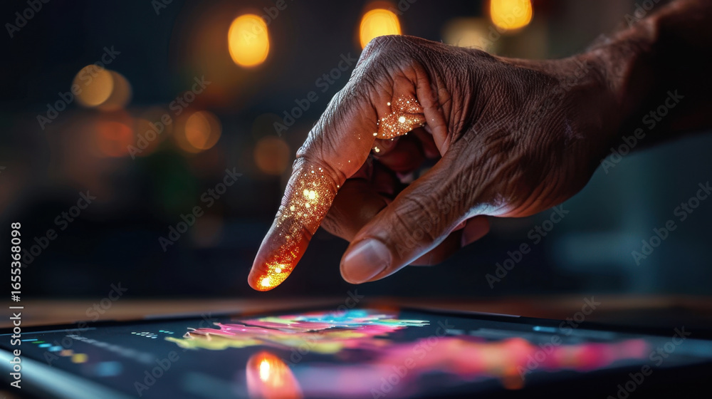 Poster hand with glowing fingertip interacts with digital tablet displaying colorful graphs and data visual