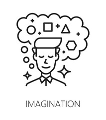 Imagination cognitive ability line icon or emblem. Brain function therapy line vector pictogram, mental capability thin line sign. Cognitive ability symbol with imagining and dreaming man character