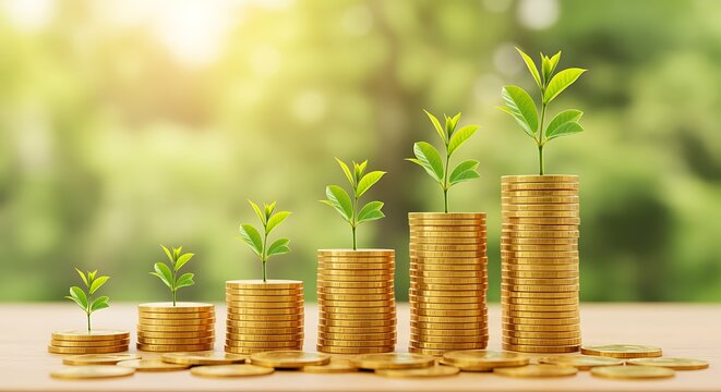 Growing green plants sprout from stacks of gold coins symbolizing financial growth money investment - Powered by Adobe