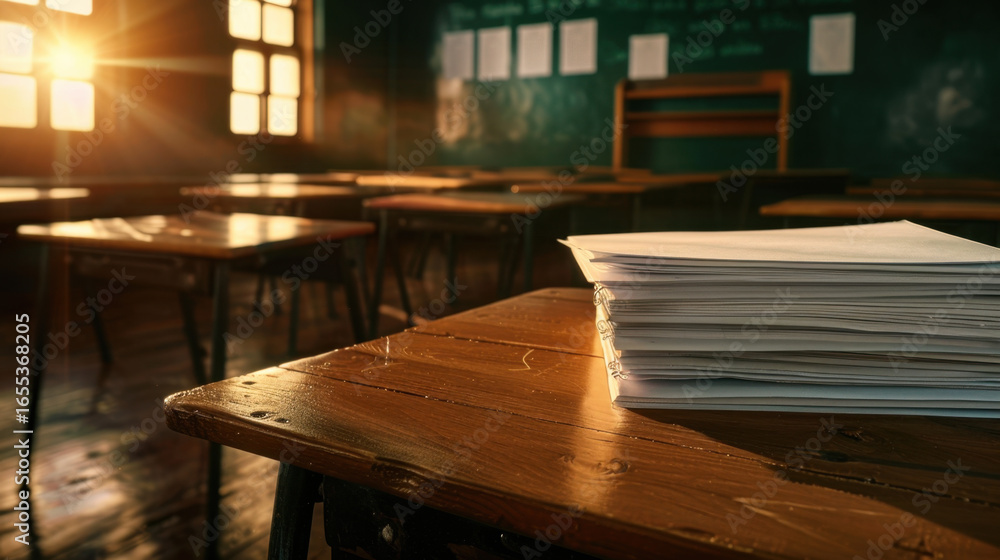 Poster stack of papers rests on wooden table in sunlit classroom, with empty desks and chalkboard in backgr