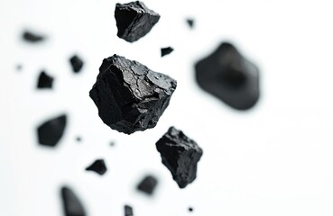 Black mineral fragments float in bright space creating dynamic motion. Sharp geometric pieces, suspended mid-air, showcase unique surface detail, contrast. Monochrome abstract composition captures