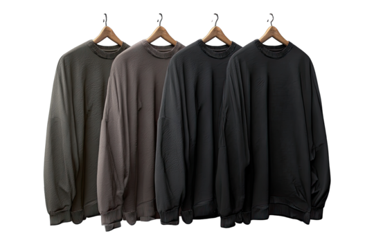 Four neutral-toned sweatshirts on hangers